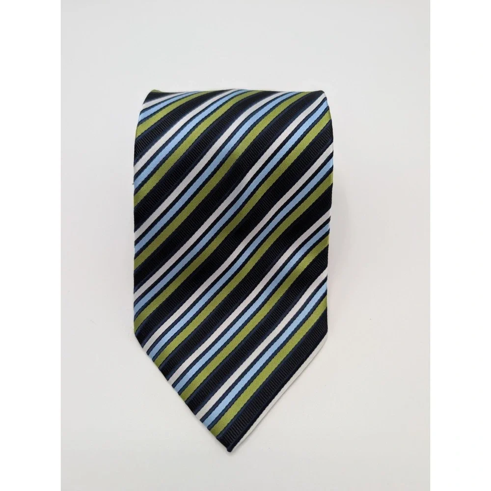 BERGAMO New York Handmade Mens Tie Blue Green Diagonal Stripe Polyester